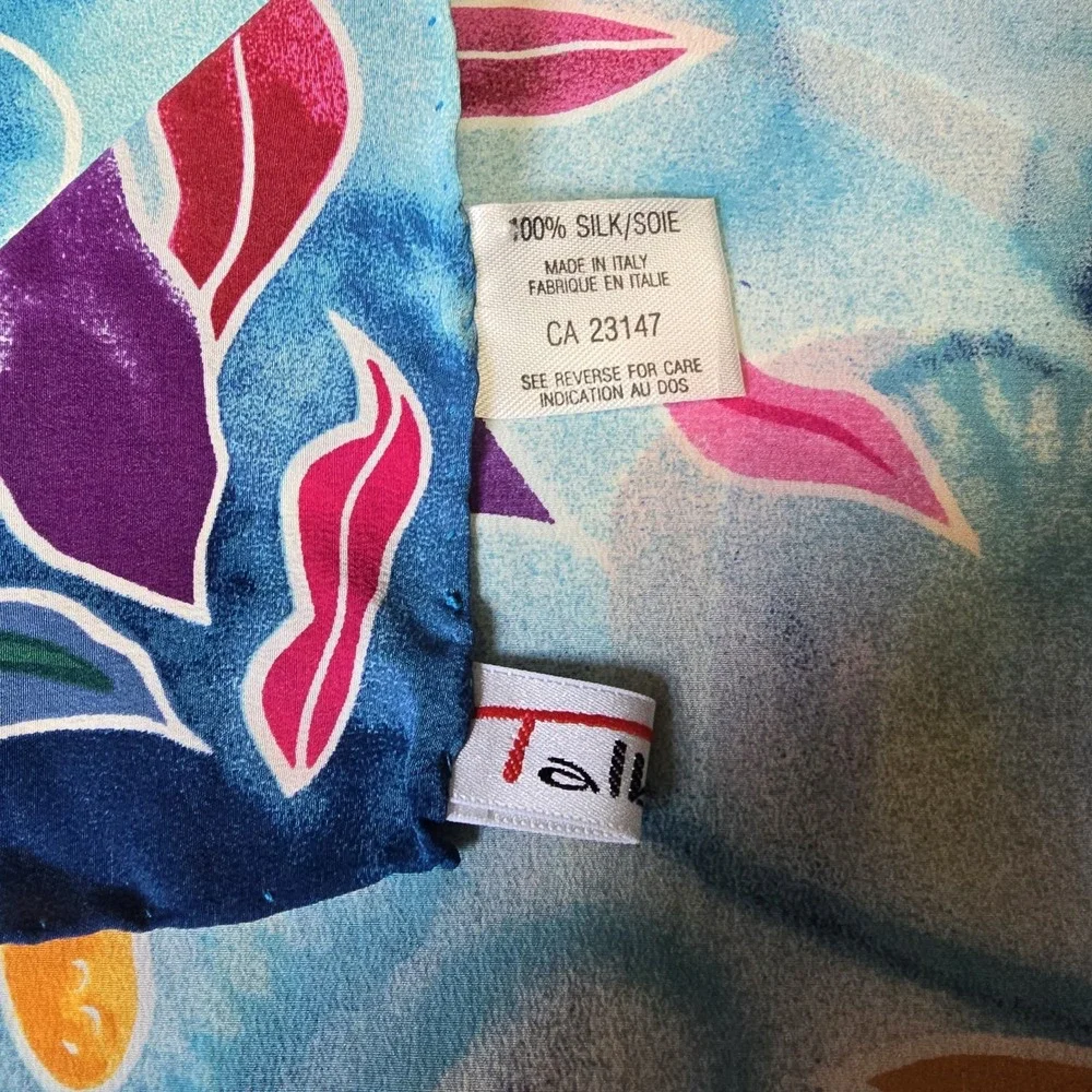 Talbots 100% Silk Scarf Tropical Fish Watercolor Square Hand Rolled Italy *Spots